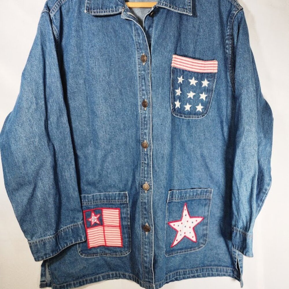 Michelle Louise Blue Denim Duster Button Front Shirt Size Large Stars/Flags